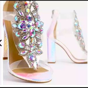 Jewel Block Heel In Holographic Snake Print